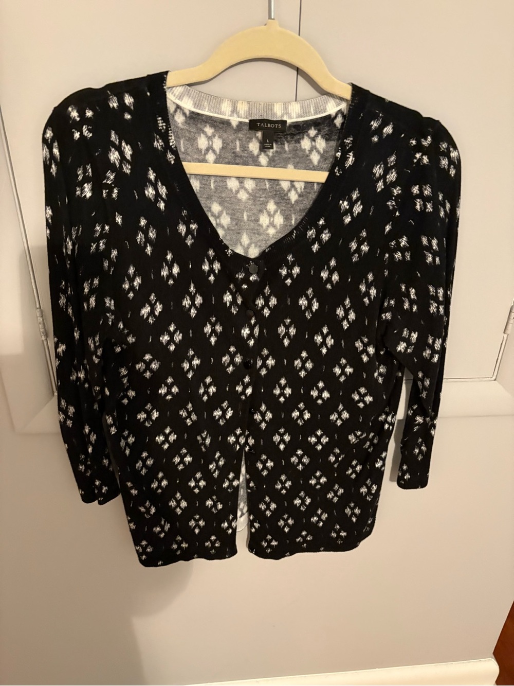 Talbots Black and White Diamond-Pattern V-Neck Cardigan